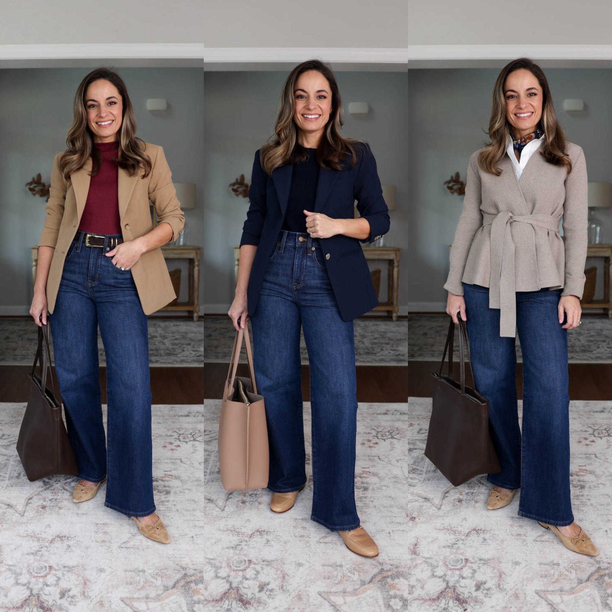 The 2026 Fall Workwear Capsule Wardrobe Series: outfits for work with jeans 

Wide Leg Jeans (J.Crew Factory): petite 24 / 10.5” rise / 28” inseam 

Orange Cardigan (Quince): xs 
Navy Sweater T-Shirt (Quince): xs 
Ivory Draped Top (Quince): xs 
Brown Ribbed Top (Quince): xs 
Wrap Cardigan (Aritzia): xs
White Button Down (J.Crew): petite 00 
Burgundy Short Sleeve Top (BR Factory): xxs 
Striped Button Down (Ann Taylor): xxs 
Brown Wide Leg Pants (BR Factory): petite 00 (doubleweave is sold out in brown, linking in black, similar option in the Hayden Pants)
Burgundy Wide Leg Pants (BR Factory): petite 00 
Navy Slim Pants (Ann Taylor): petite 00 (I’m wearing curvy, but linked both fits)
Olive Cropped Flare Pants (J.Crew): petite 0 
Tan Blazer (J.Crew): petite 00 
Navy Blazer (J.Crew): petite 00 
Trench Coat (J.Crew): petite 00 

For size comparison, I’m 4’10” 105lbs. My measurements are 32”, 24”, 36”. I typically wear petite xxs/00/24 and have a 25” ankle inseam and a 27.5-28” full length inseam.

#LTKPetite #LTKWorkwear