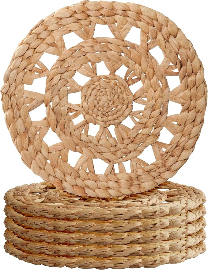 MIXUMON Woven Placemats Round, Natural Water Hyacinth Wicker Placemat for Dining Table, Large Han... | Amazon (US)