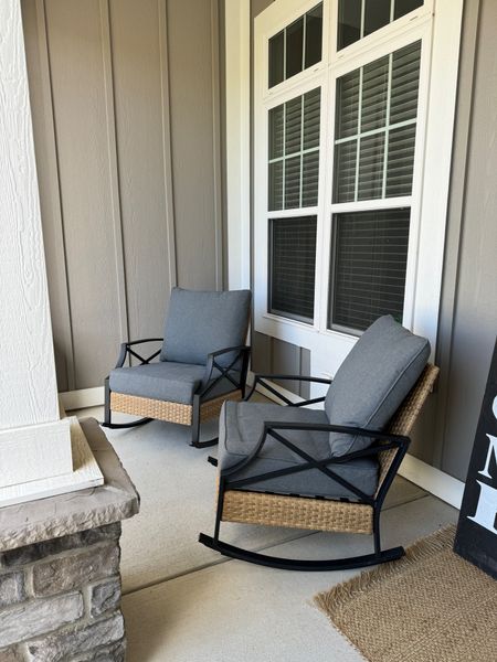 Front porch, chairs! So comfy, and I love the rocker aspect! 

Lowe’s spring patio furniture finds outdoor furniture seating porch seating
