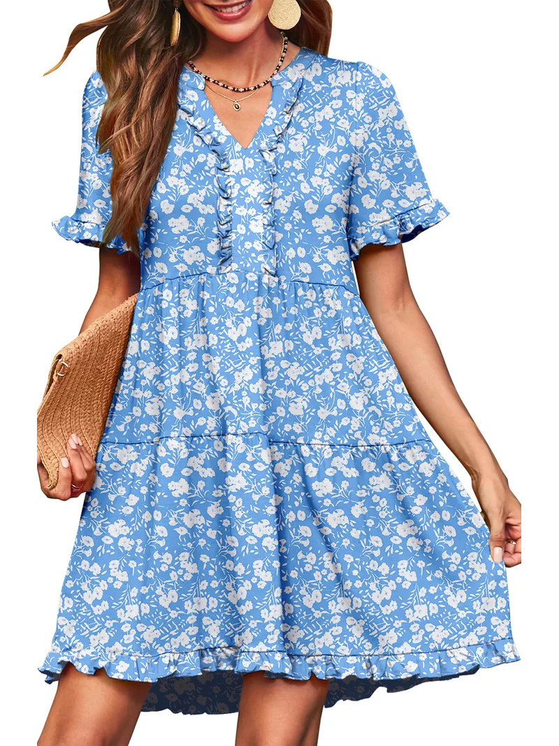 UVN Summer Dresses for Women V Neck Short Sleeve Casual A Line Dress Flowy Swing Ruffle Sundress ... | Walmart (US)