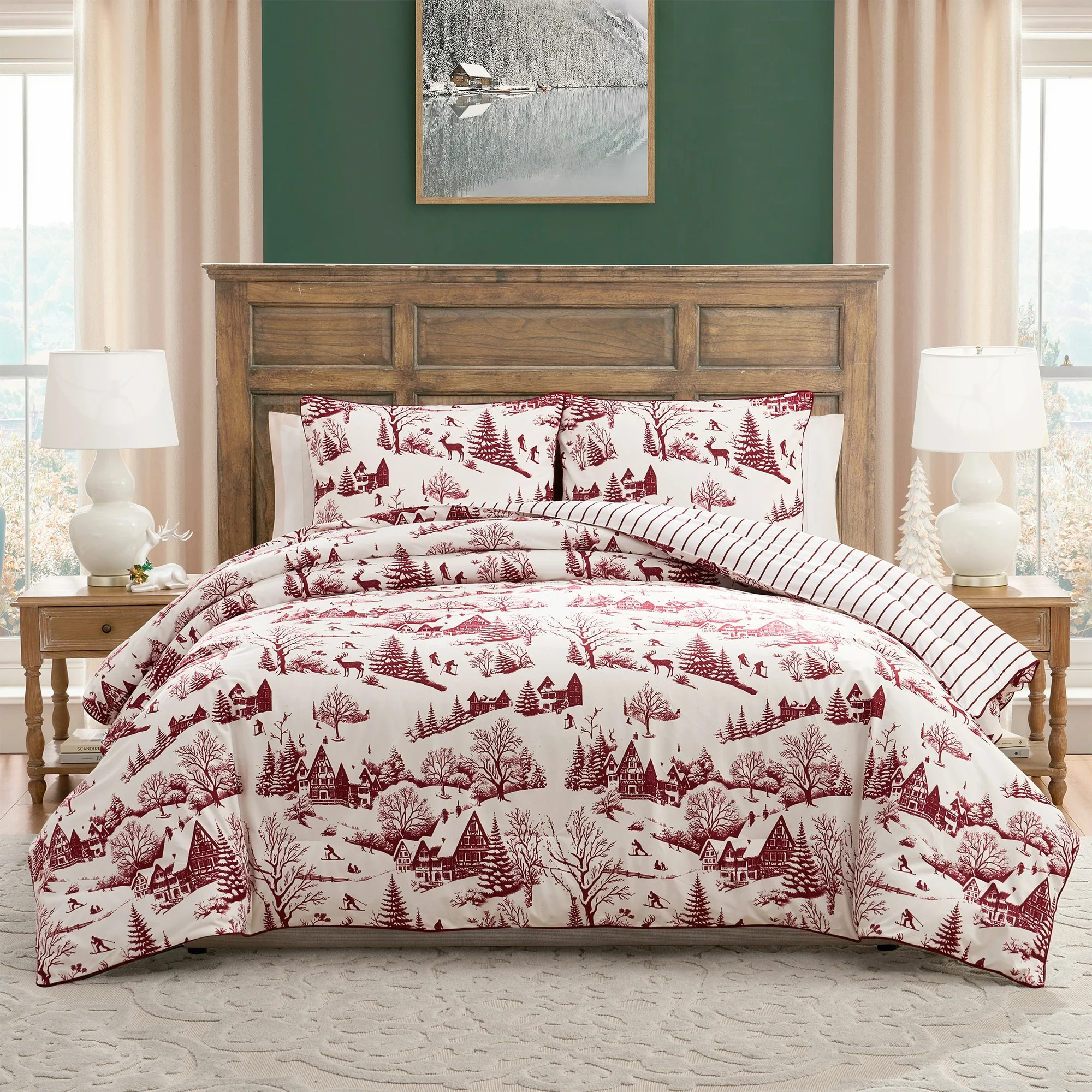 My Texas House Aurora 2-Piece Red Toile Velvet Adult Comforter Set, Twin/Twin XL | Walmart (US)