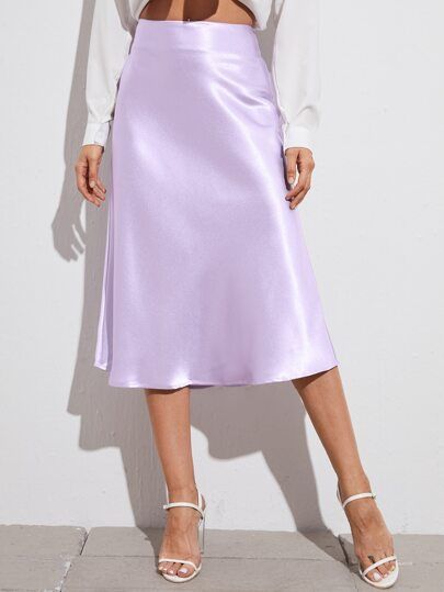 SHEIN Zipper Side Solid Satin Skirt | SHEIN