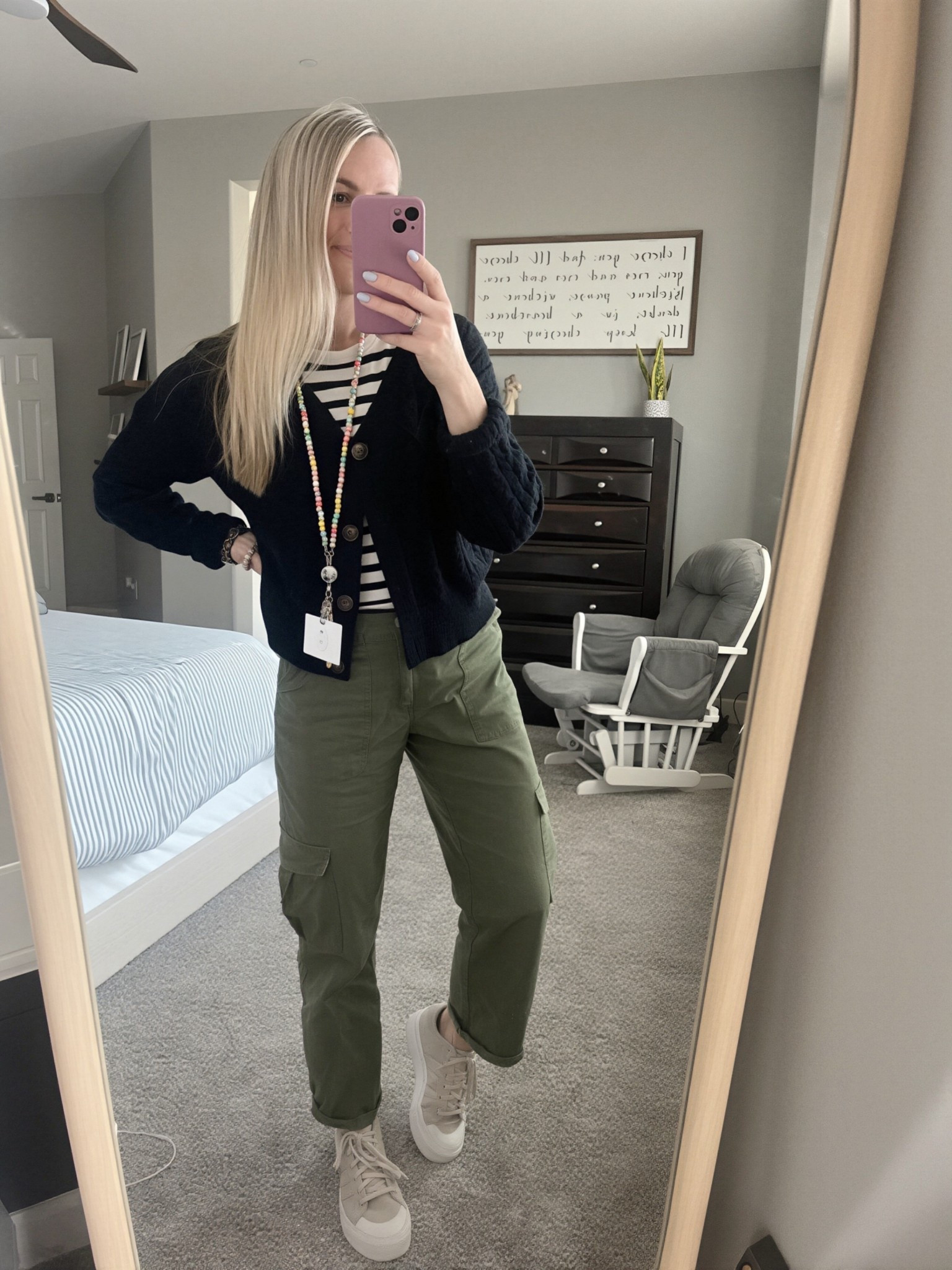 Spring teacher outfit featuring these comfy cargos (soft with a stretchy waist) and this cute cardi! 

#LTKWorkwear