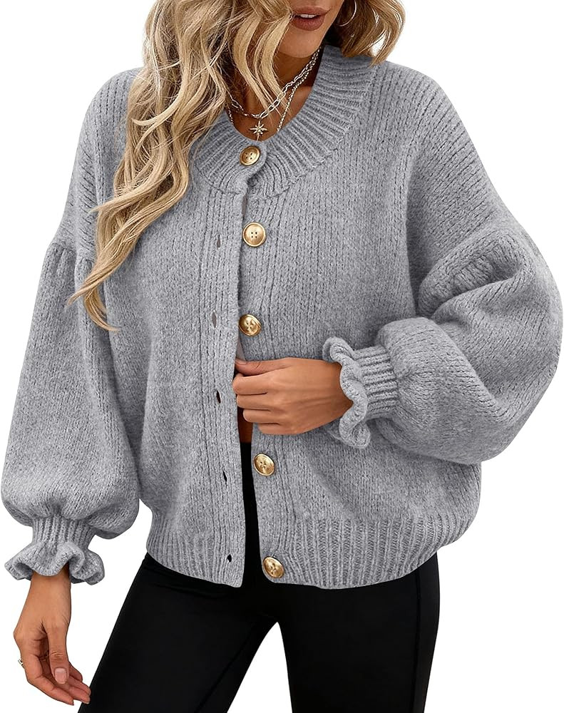PRETTYGARDEN Womens Cropped Cardigans Trendy 2026 Ruffle Open Front Chunky Knit Sweater Oversized... | Amazon (US)