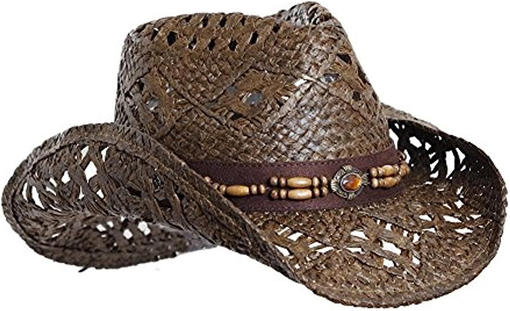 Straw Cowboy Hat W/Vegan Leather Band & Beads, Shapeable Brim | Amazon (US)