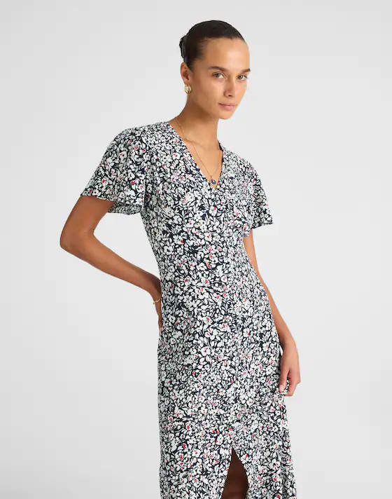 Button-Front Flutter-Sleeve Midi Dress in Floral | Madewell | Madewell