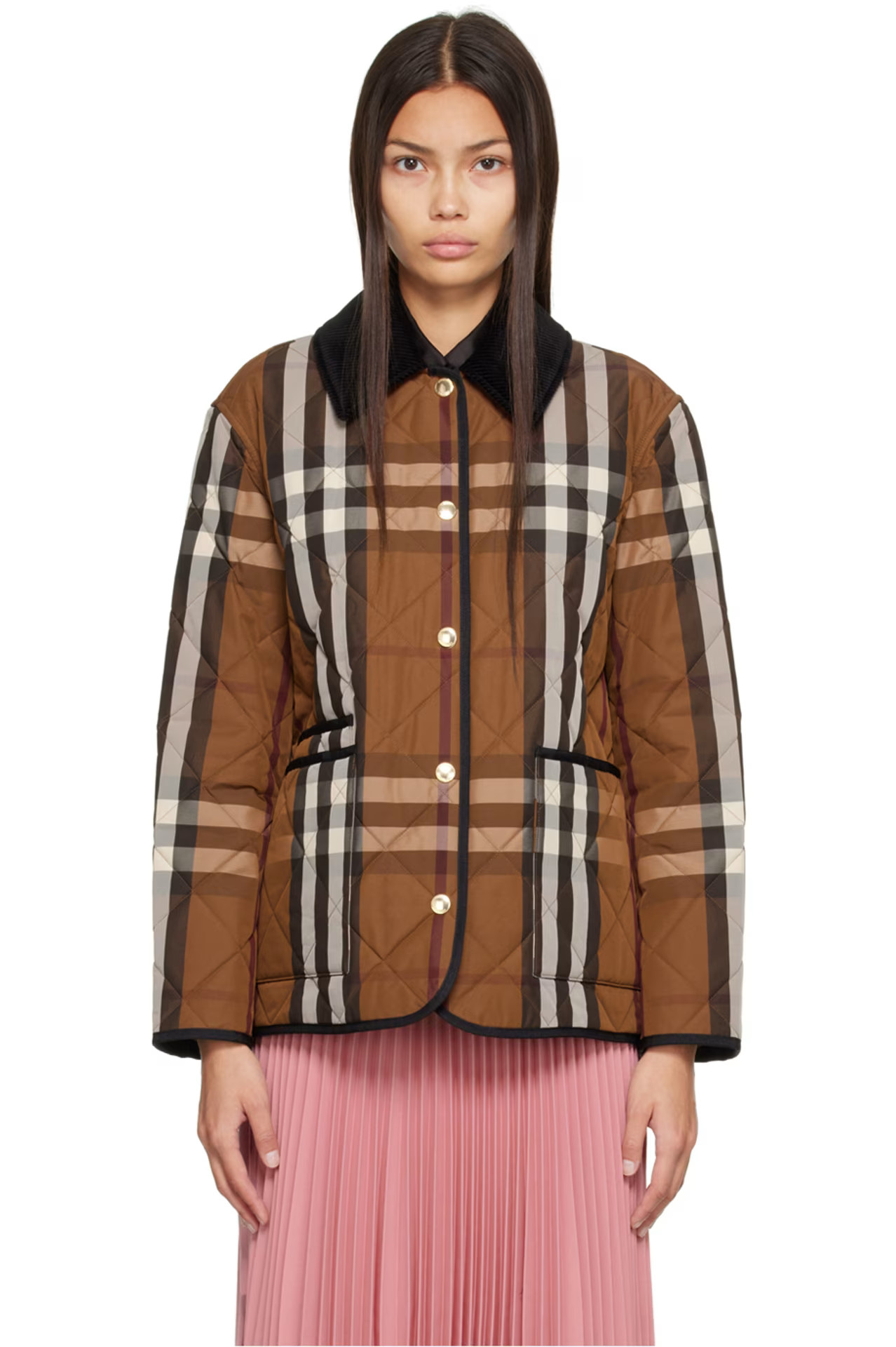 Brown Check Diamond Quilted Jacket | SSENSE