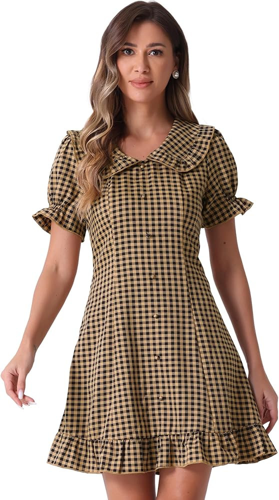 Allegra K Women's Gingham Checks Ruffled Peter Pan Collar Cute Mini Dress | Amazon (US)
