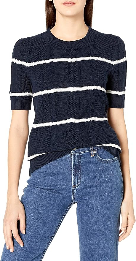 Cable Stitch Women's Striped Cable Knit Short Sleeve Sweater - Crewneck Lightweight Cotton Pullov... | Amazon (US)