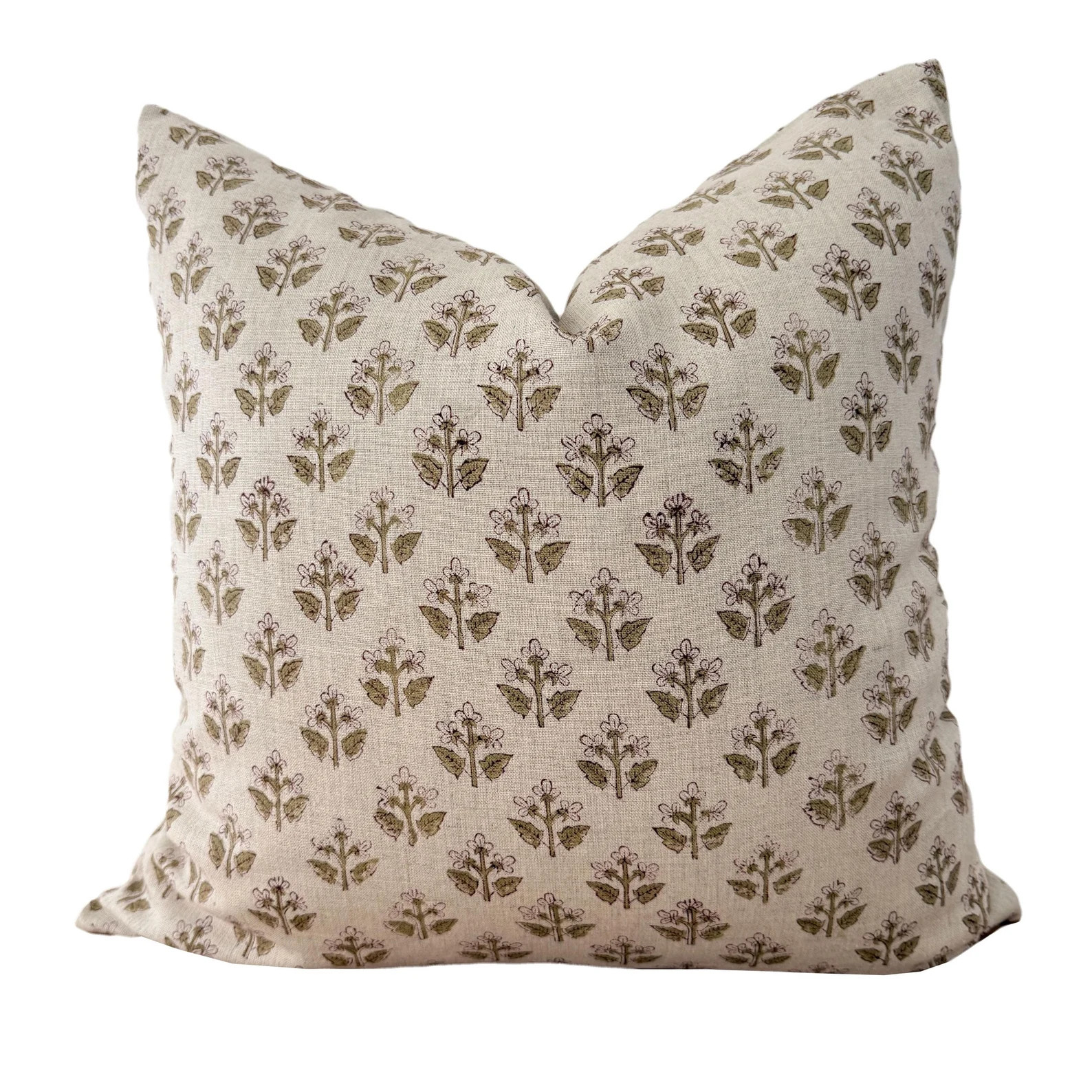 Block Print Linen Pillow Cover, Moss Green Floral Pillow | Etsy (US)