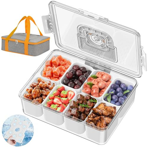 Locliki Snackle Box Container with Ice Pack, Bonus Insulated Bag Charcoolerie Chilled Portable Serving Tray with Lid and Handle，8 Compartment Snack Container for Charcuterie Snack Road Trip Picnic | Amazon (US)