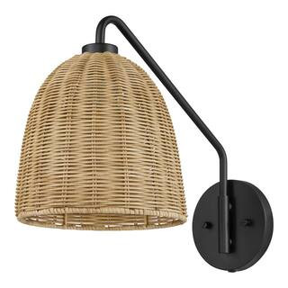 Hampton Bay Highler 1-Light Matte Black Wall Sconce with Natural Rattan Shade HD5887G3 - The Home... | The Home Depot