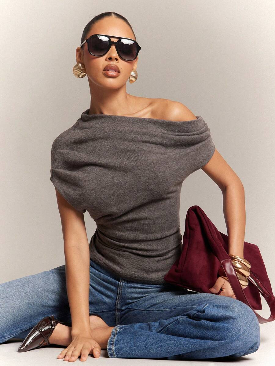 Hauture Women's Office Casual Dialy Simple Off Shoulder Wool Like Knit Ruched Top | SHEIN