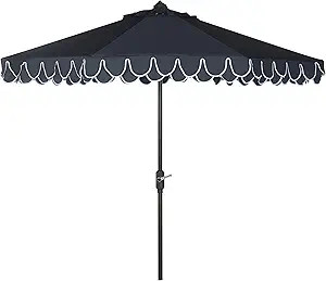 SAFAVIEH 9ft Outdoor Patio Umbrella, Round, Valance, Navy & White Trim, Auto Crank Tilt, UV Resis... | Amazon (US)