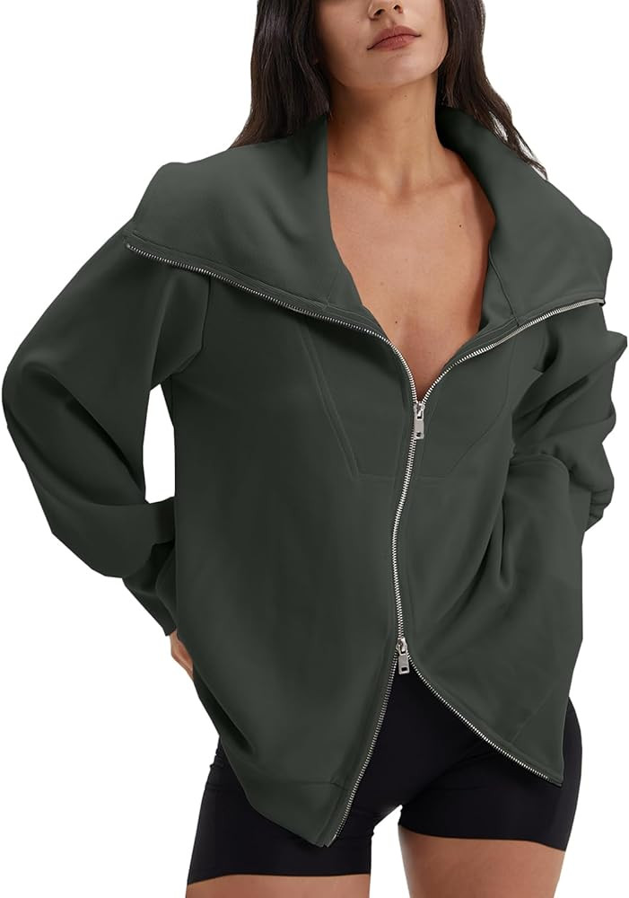 DEEP SELF Women's Zip Up Oversized Sweatshirts Long Sleeve Collared Casual Jacket 2024 Trendy Clo... | Amazon (US)