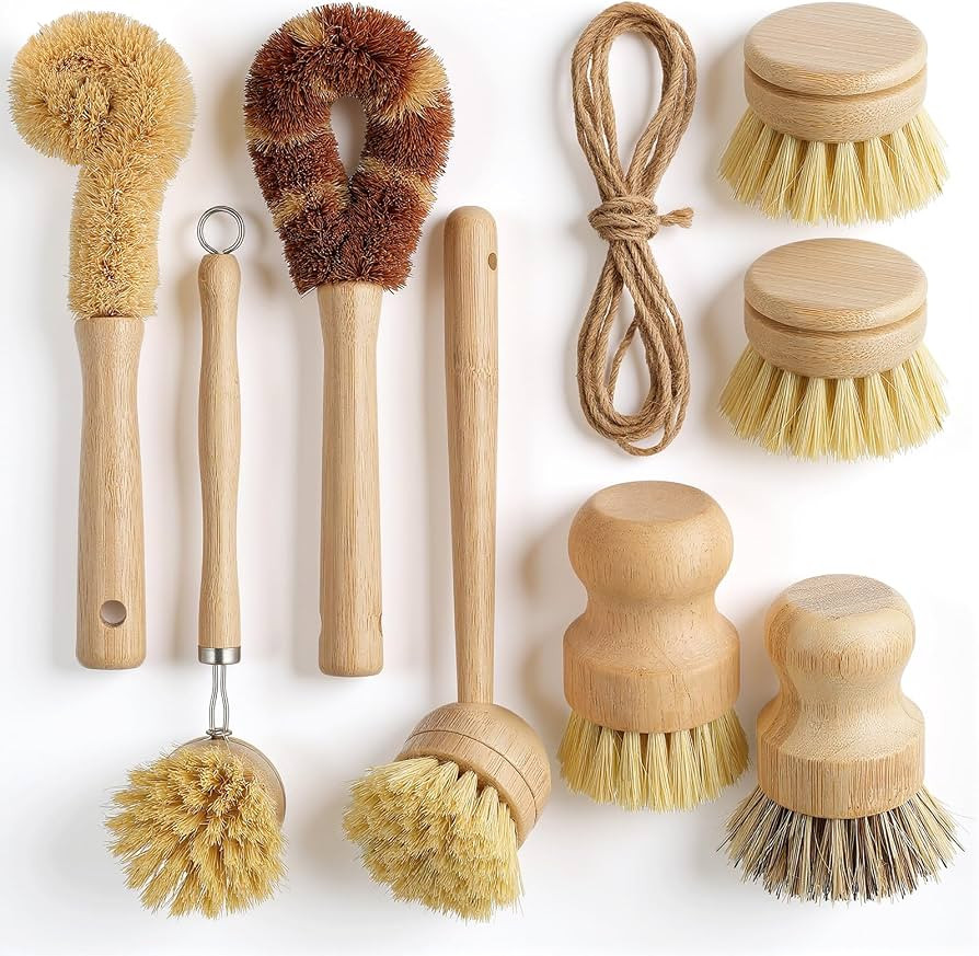 9 Pcs Bamboo Dish Brush Set Wooden Dish Brush with Sisal and Palm Fiber Natural Wooden Kitchen Br... | Amazon (US)