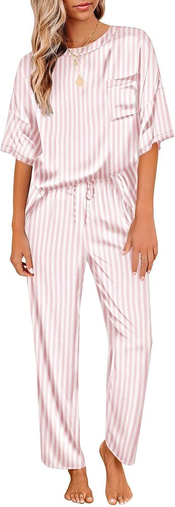 Ekouaer Womens Satin Silky Pajama Set Short Sleeve Shirt with Long Pajama Pant Set Soft PJ Lounge... | Amazon (US)
