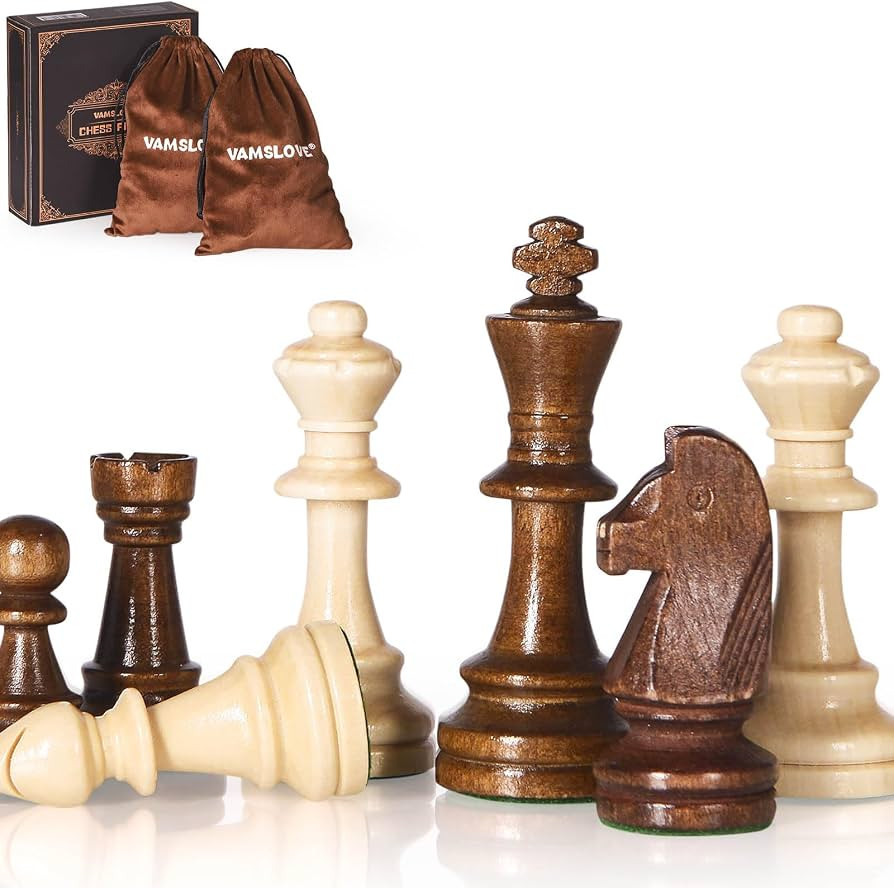 Vamslove Wooden Heavy Weighted Chess Pieces Only-3.8'' King-Extra 2 Queens-34 Wood Tournament Che... | Amazon (US)