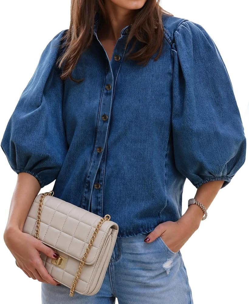 Womens Denim Shirt Puff Short Sleeve Button Down Jean Jackets | Amazon (US)