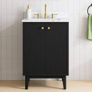 Sylvie 24 in W x 20 in D x 35 in H Single Sink Fluted Bath Vanity in Black with Engineered Carrar... | The Home Depot