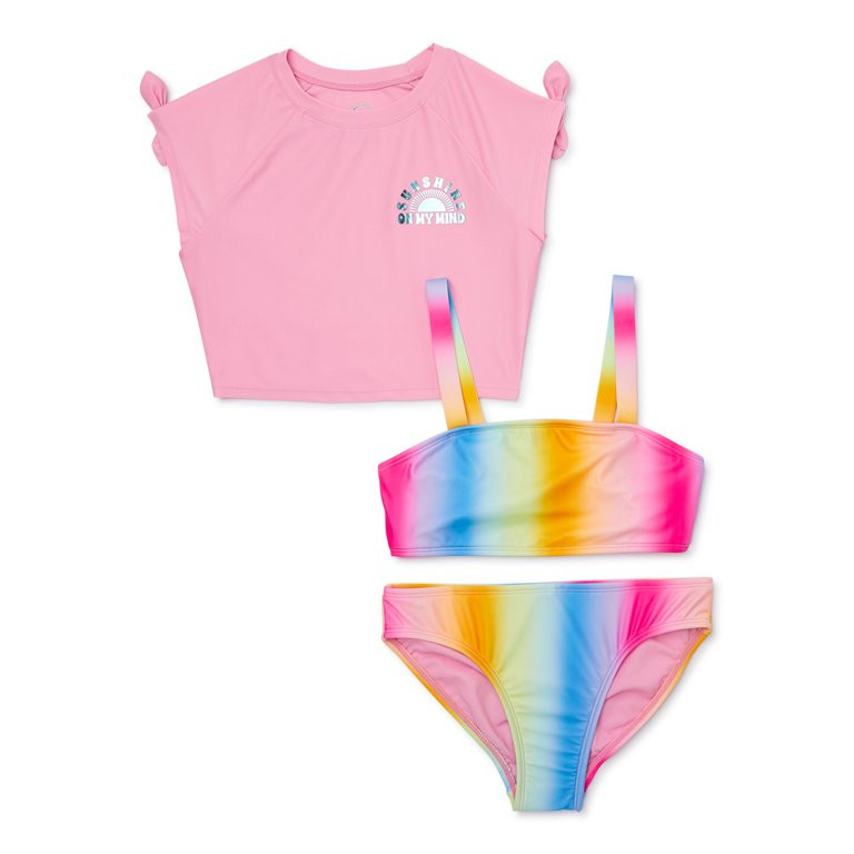 Wonder Nation Girls Zip Front Rashguard with Bikini Top and Bottom Swimsuit Set with UPF 50, Size... | Walmart (US)