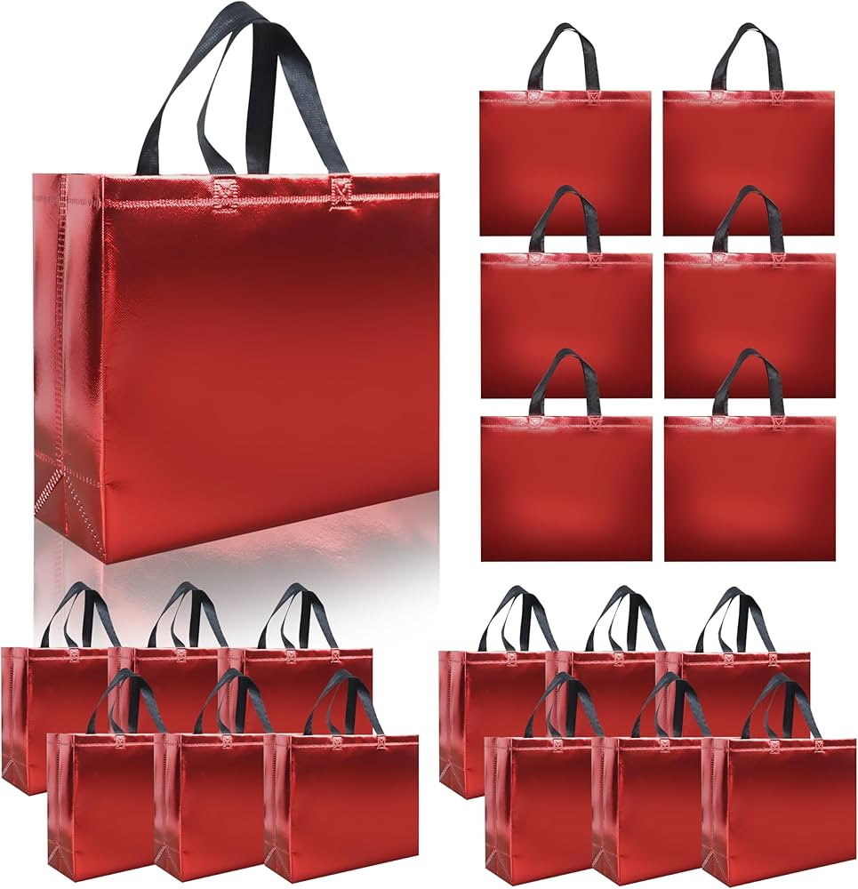 15 Pcs Glossy Red Reusable Gift Bags with Handles, 12.6 x 4.7 x 11 In Party Bags with Sturdy Base... | Amazon (US)