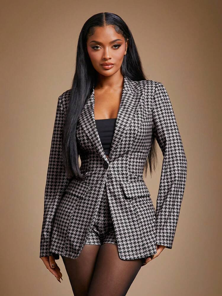 Radiana Women's Elegant Vintage Houndstooth Suit Set For Autumn/Winter, Long Sleeve Fitted Blazer Jacket + Stretchy Shorts 2 Pieces Outfit, Casual Business Attire Suitable For Daily Wear, Commute, Office, Party, Date, Formal Occasions, Waist Cinching, Figure Flattering Houndstooth Blazer Set Women Blazers | SHEIN