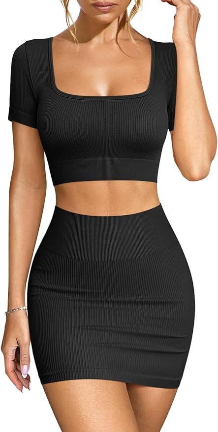 OQQ Women's 2 Piece Outfits Short Sleeve Tops and Mini Skirts Club Suit Sets | Amazon (US)