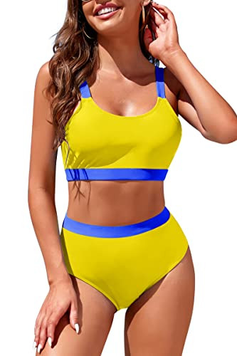 Womens High Waisted Bikini Sets Sporty Crop Top Color Block Swimwear Bandeau Scoop Neck Vintage T... | Amazon (US)
