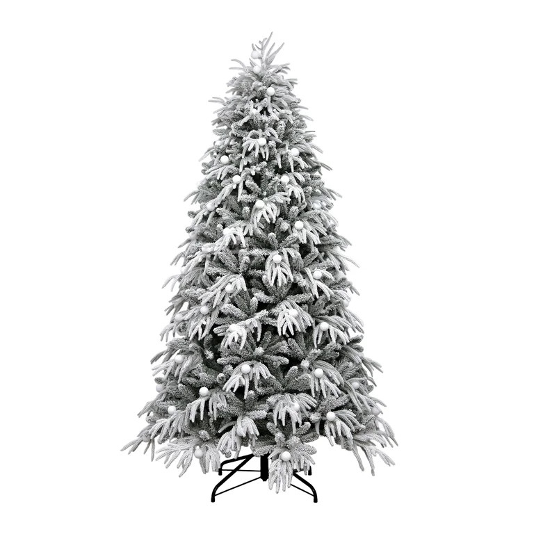 7.5' Pre-Lit Aurora Full Snow-Flocked Green Artificial Christmas Tree with 600 Warm White LED Lig... | Walmart (US)