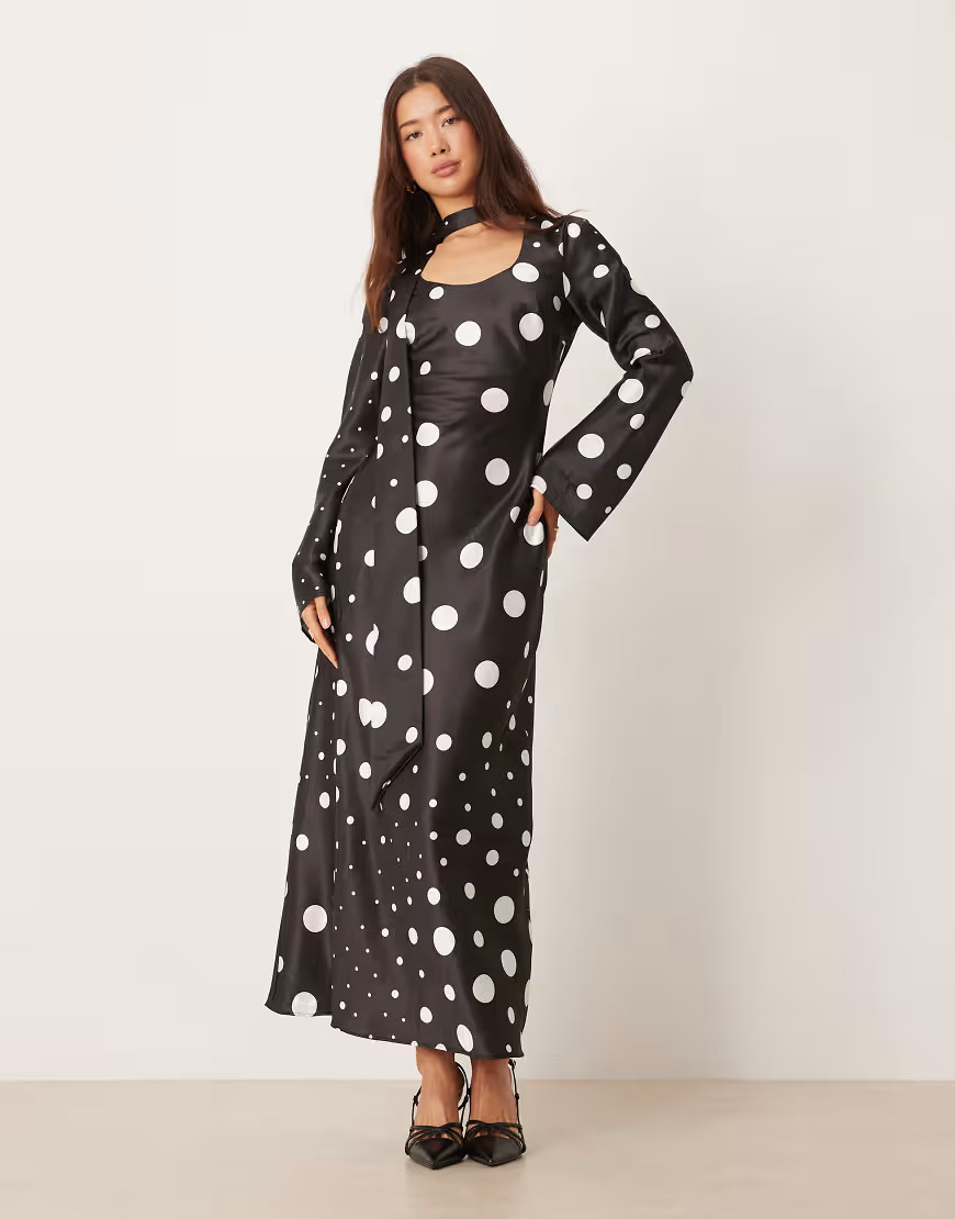 ASOS DESIGN scarf detail long sleeve maxi dress in black polka-dot print-Multi | ASOS (Global)