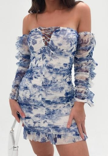 Blue Porcelain Print Mesh Ruched Mini Dress | Missguided (US & CA)