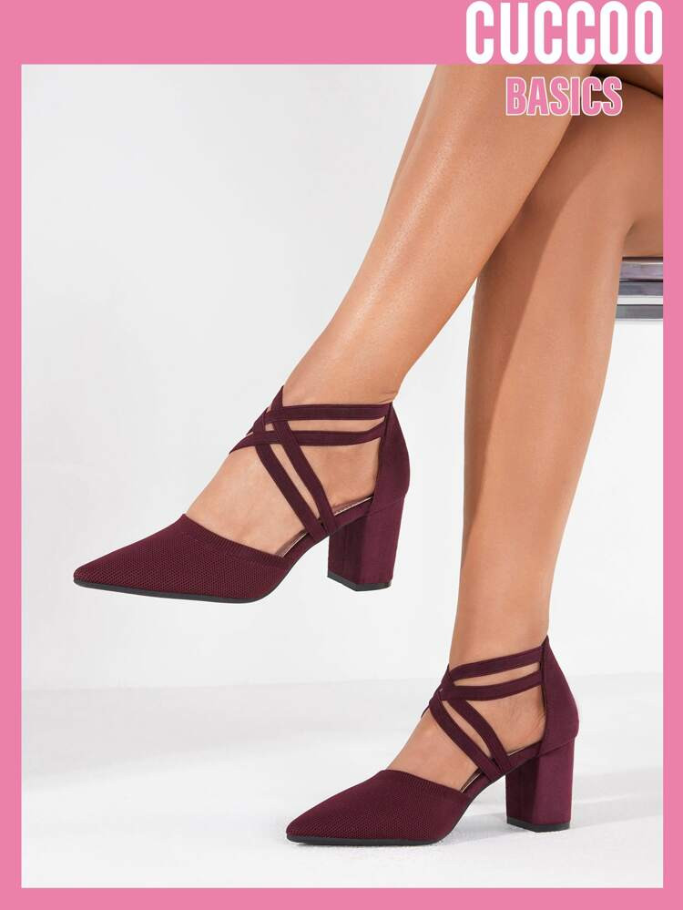 CUCCOO Basic Cross Strap Point Toe Chunky Pumps | SHEIN