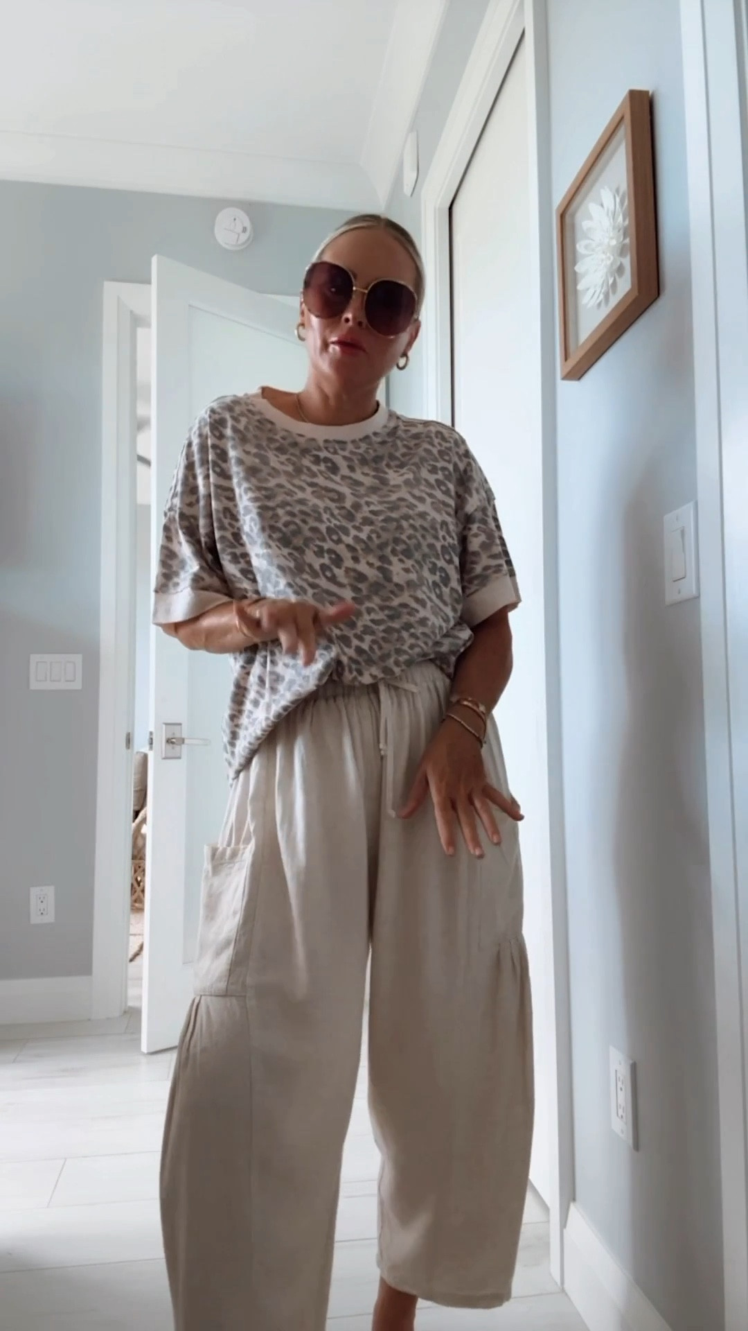 The best tees on sale for $25! I have 3 colors and of course the Amazon linen pants are a must grab! Lovely on! 🤍
I’m in smalls/ tees are boyfriend fit! 😉

Casual outfit. Barrel pants. Leopard. Summer outfit. Fall style  