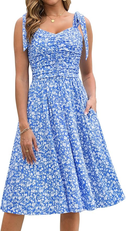 Kranda Women 2025 Summer Casual Spaghetti Strap Sundress V Neck Sleeveless Flowy Boho Floral Midi... | Amazon (US)