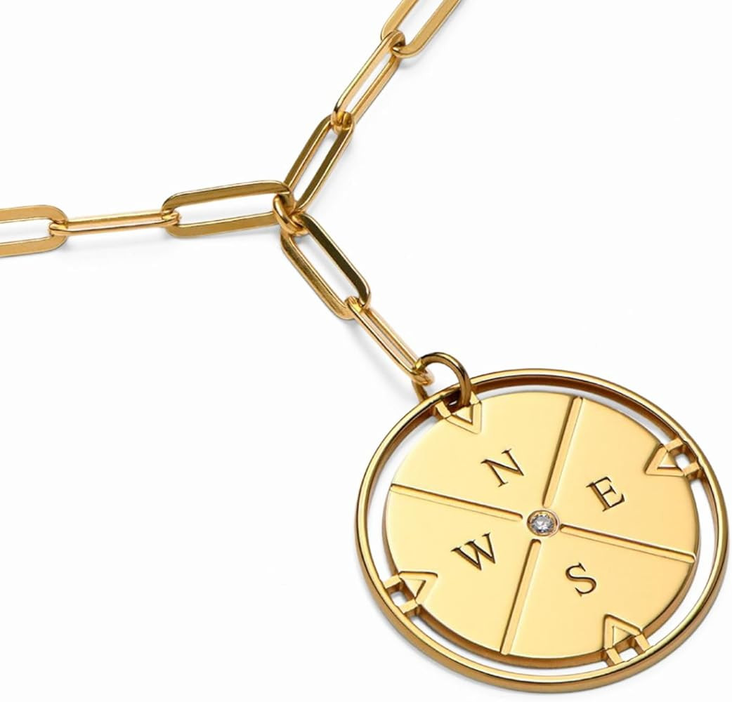 OAK & LUNA - Engraved Compass Necklace with Diamond - Personalised Interlocking Pendant with Init... | Amazon (US)