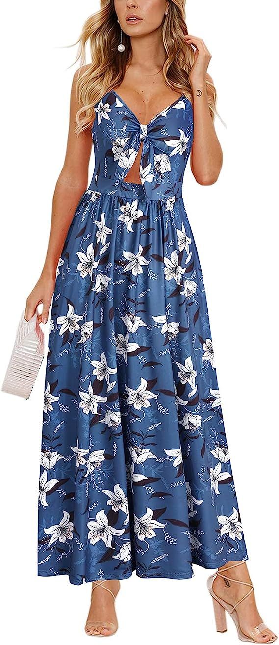 II ININ Women's V Neck Sundress Tie Front Spaghetti Strap Maxi Dress Casual Summer Long Dresses w... | Amazon (US)