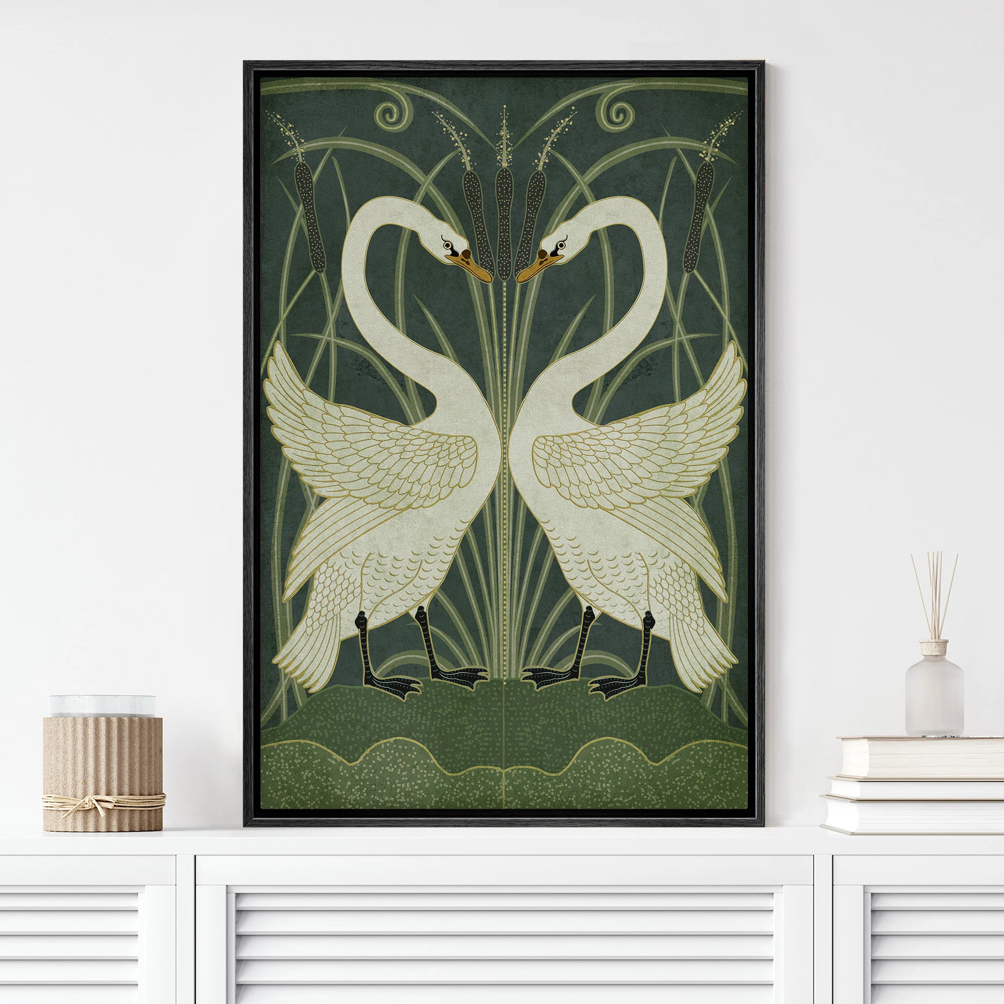 Art Nouveau Symmetric Swans Unique Chic Modern Boho Preppy Room Decor Framed Canvas Print Wall Ar... | Wayfair North America
