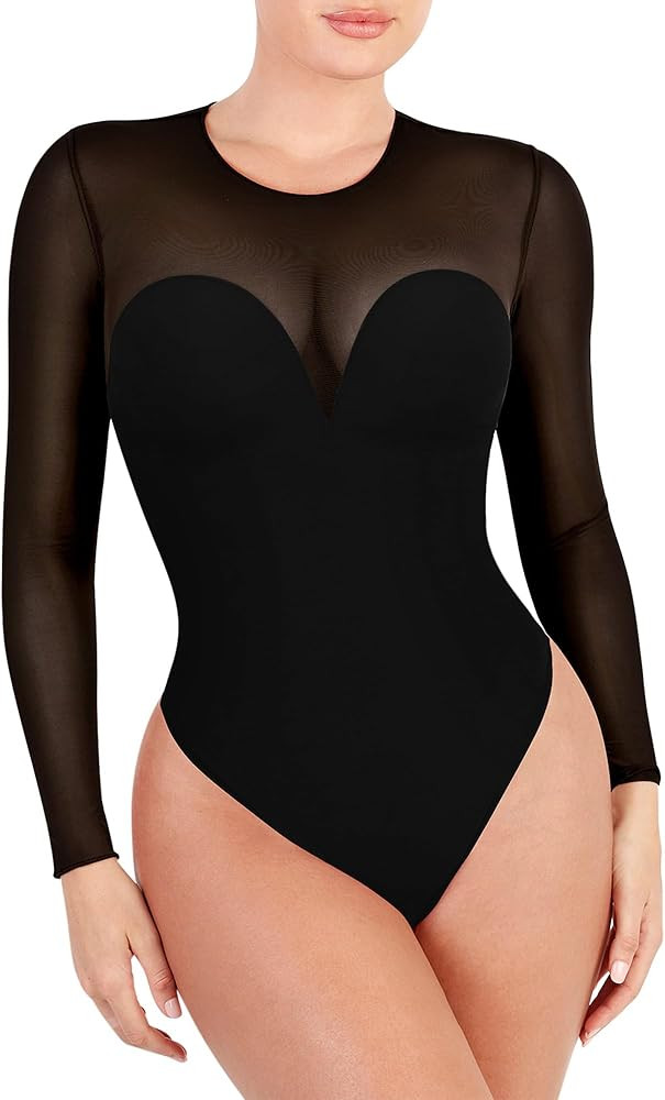 Popilush Shapewear Bodysuit For Women Tummy Control Long Sleeve Thong Bodysuit With Built In Bra ... | Amazon (US)