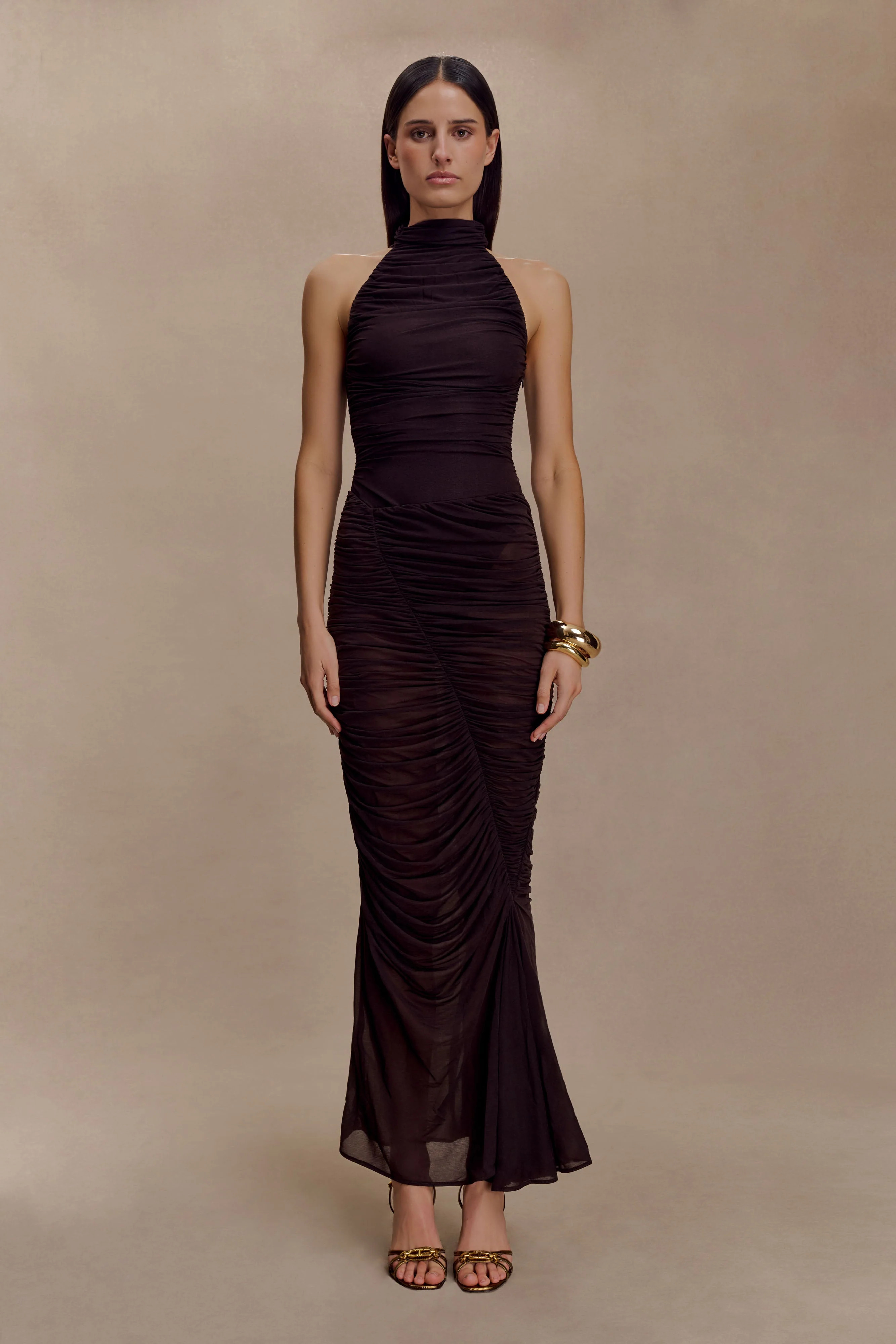 Matilda Ruched Mesh Maxi Skirt - Chocolate | Meshki (APAC)