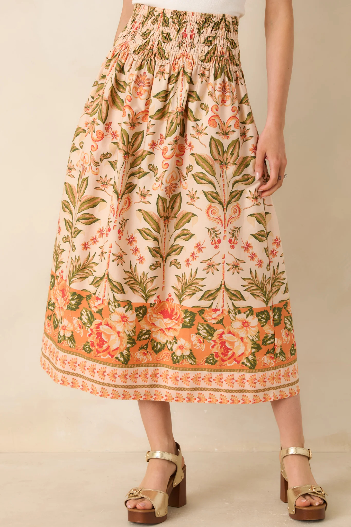 Bloom With Me Peach & Meadow Green Floral Cotton Midi Skirt | Red Dress