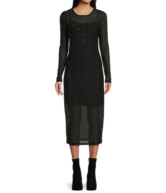 Embellished Mesh Long Sleeve Midi Dress | Dillard's