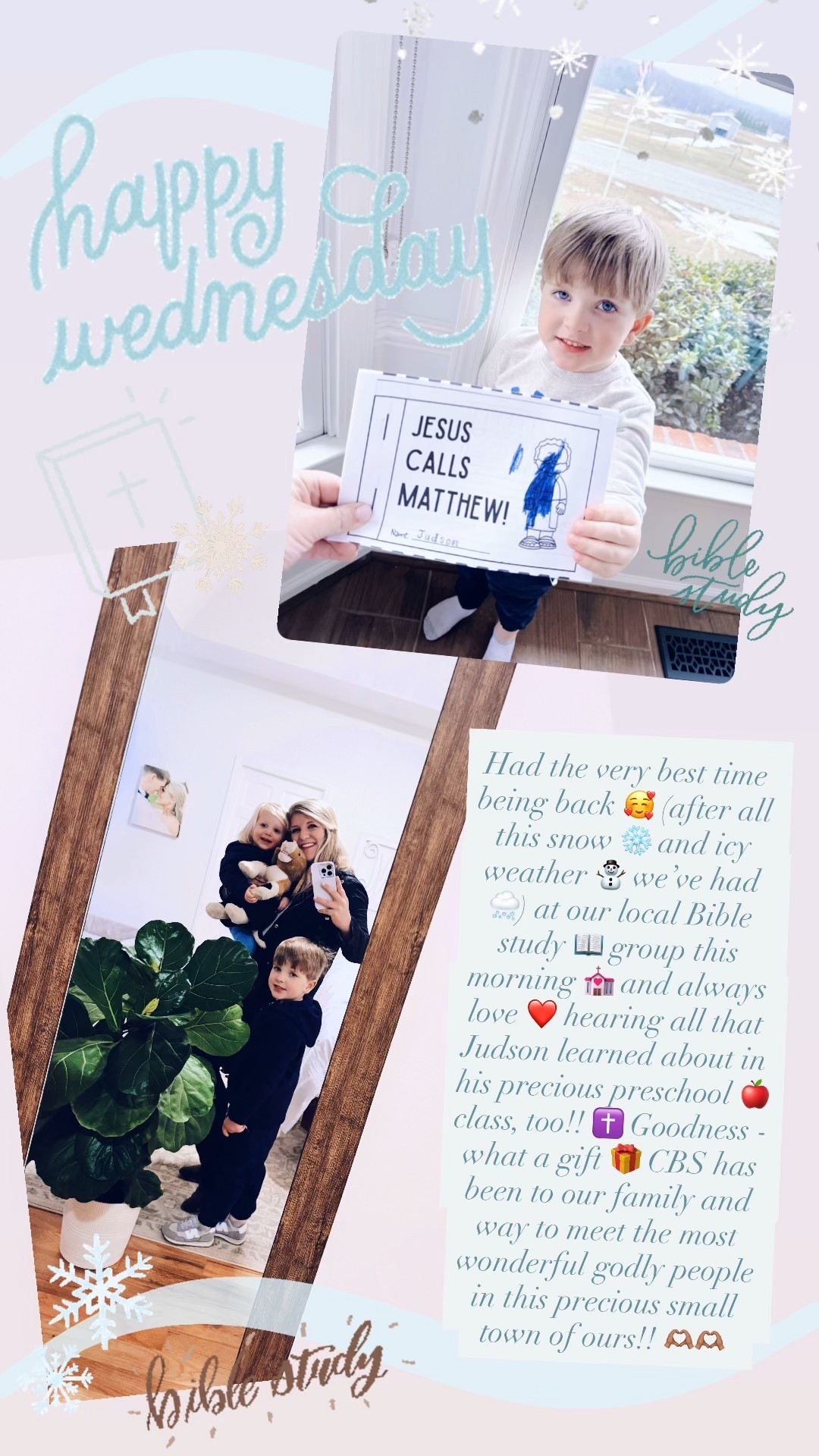Had the very best time being back 🥰 (after all this snow ❄️ and icy weather ⛄️ we’ve had 🌨️) at our local Bible study 📖 group this morning 💒 and always love ❤️ hearing all that Judson learned about in his precious preschool 🍎 class, too!! ✝️ Goodness - what a gift 🎁 CBS has been to our family and way to meet the most wonderful godly people in this precious small town of ours!! 🫶🏽🫶🏽