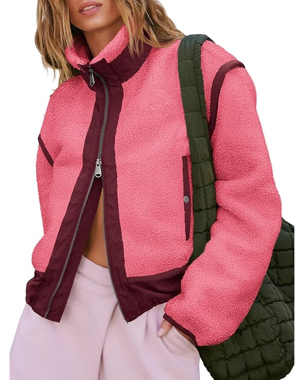 Tankaneo Womens Cropped Zip Up Fleece Jacket Stand Collar Fuzzy Sherpa Coat Winter Color Block Te... | Amazon (US)