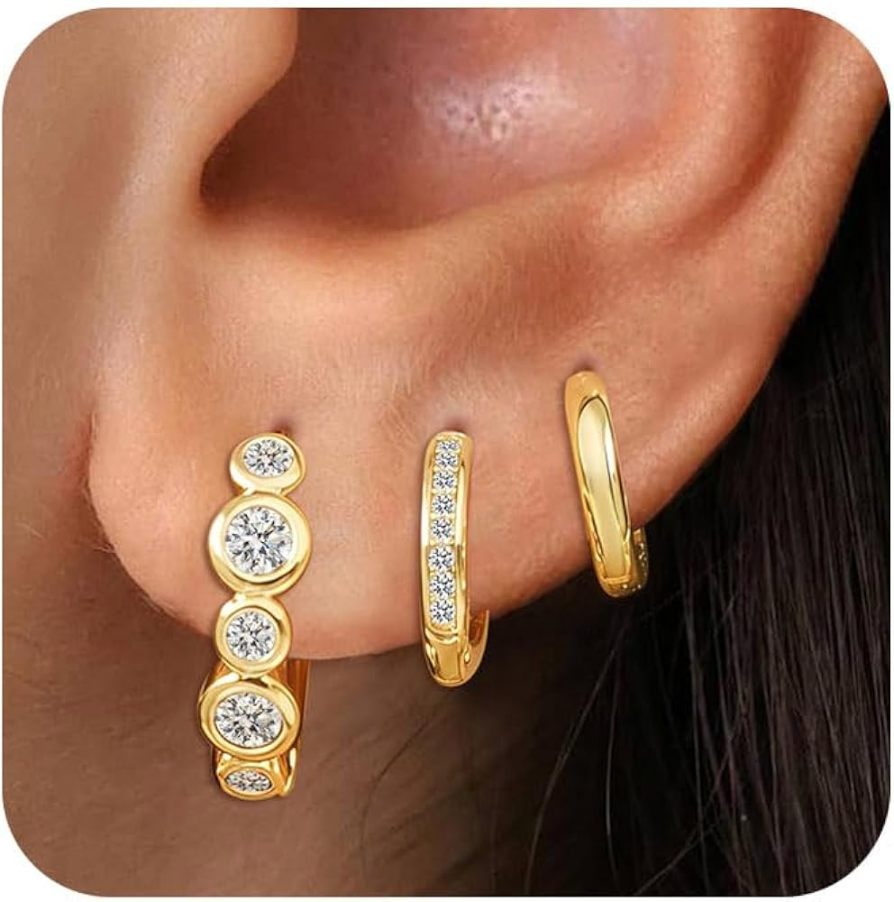 3Pairs Small Gold Huggie Hoop Earrings for Women,Romantic heart,Twisted braid two colors,3 CZ Hoo... | Amazon (US)