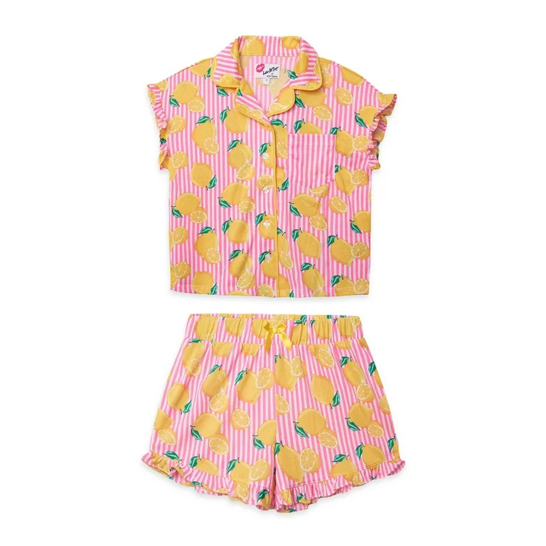 Luv Betsey Girls Ruffle Short Sleeve Button Front Top with Ruffle Short, 2-Piece Pajama Set, Size... | Walmart (US)