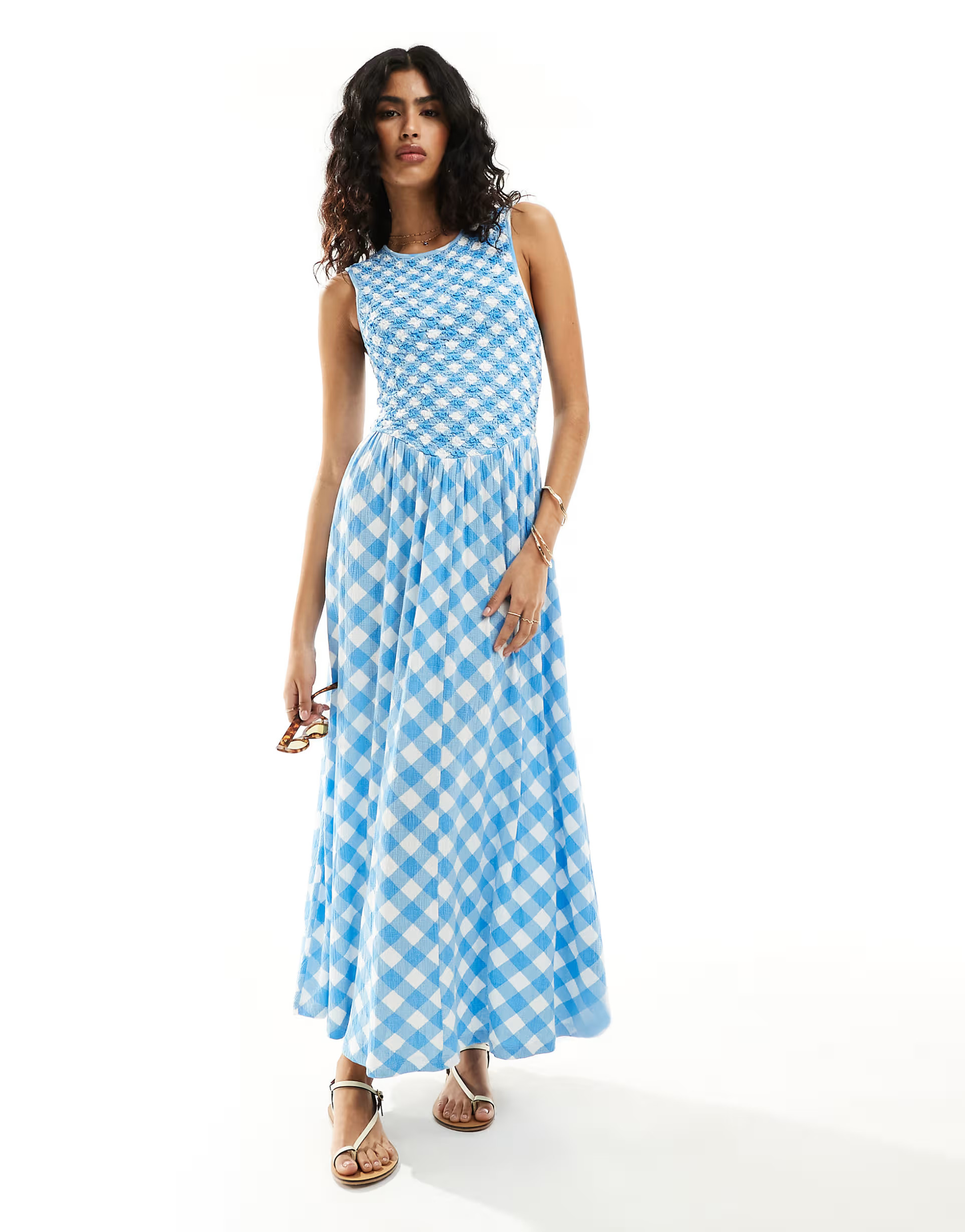 ASOS DESIGN crinkle shirred bodice maxi dress with open back in gingham print | ASOS (Global)