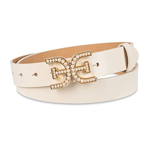 Sam Edelman Women's Pearl Embellished Double-E Logo Plaque Buckle Belt, Ivory, Medium | Amazon (US)
