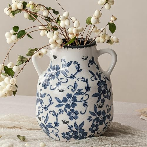 Blue and White Vintage Round Flower Vase with 2 Handles, Chinoiserie Floral Vase, Retro Ice Cracked Ceramic Large Vases for Home Decor, Living Room, Grand Millennial Chinoiserie Decor, 7.7 Inch | Amazon (US)