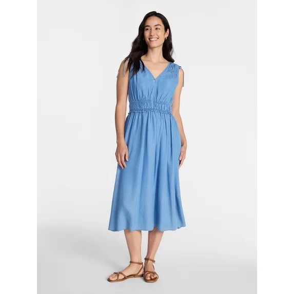 Time and Tru Women's Ruched Tie Shoulder Midi Dress, Sizes XS-XXXL | Walmart (US)